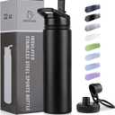 DOMICARE Insulated Water Bottle, 22 oz Vacuum Insulated Stainless Steel Reusable Sports Bottle with Straw Lid & Spout Lid for Travel, Camping, Bike, Leakproof, Black, 1 Pack