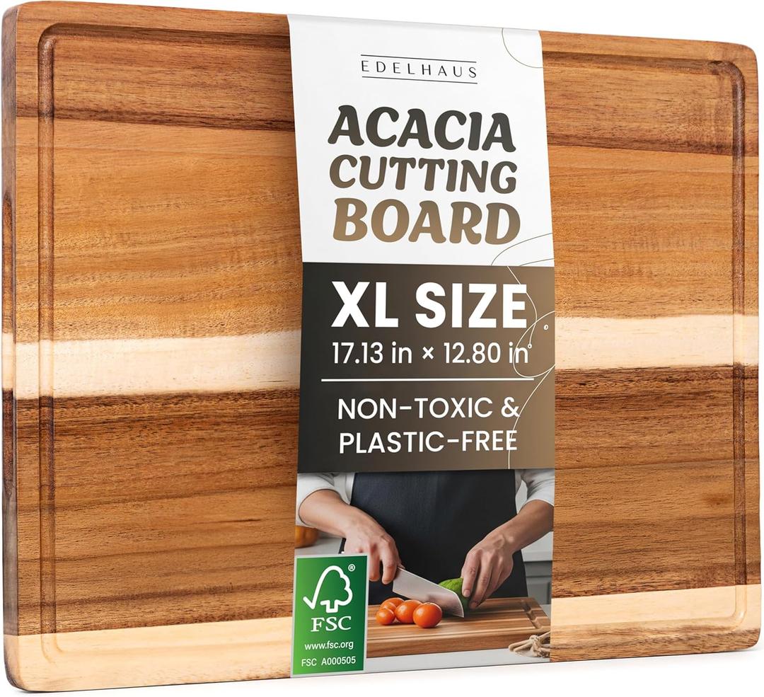 Acacia Wood XL Cutting Board for Kitchen, Large Cutting Board 17.1  12.8 - Wooden Chopping Boards with Juice Groove, Non-Toxic, Knife-Friendly & Durable  Housewarming Gift, Charcuterie & Meal Prep