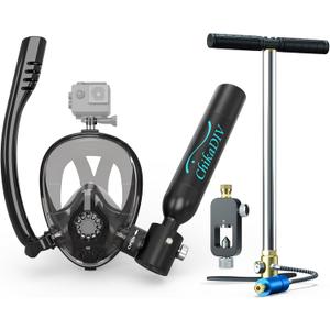 CHIKADIV Mini Scuba Tank with Sub-Mask, 0.5L Scuba Tank with Snorkel Mask Lung with Full-face Mask Underwater Breathing Mask E Black