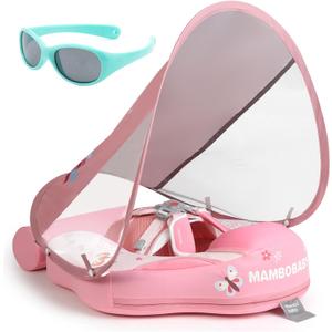 Mambobaby Float with Canopy and Tail New Upgraded Non-Inflatable Baby Pool Float Mambo Float Swim Trainer Solid Infant Swim Float Adjustable Pearl Foam Baby Swim Ring (Deluxe Flat Butterfly Pink)