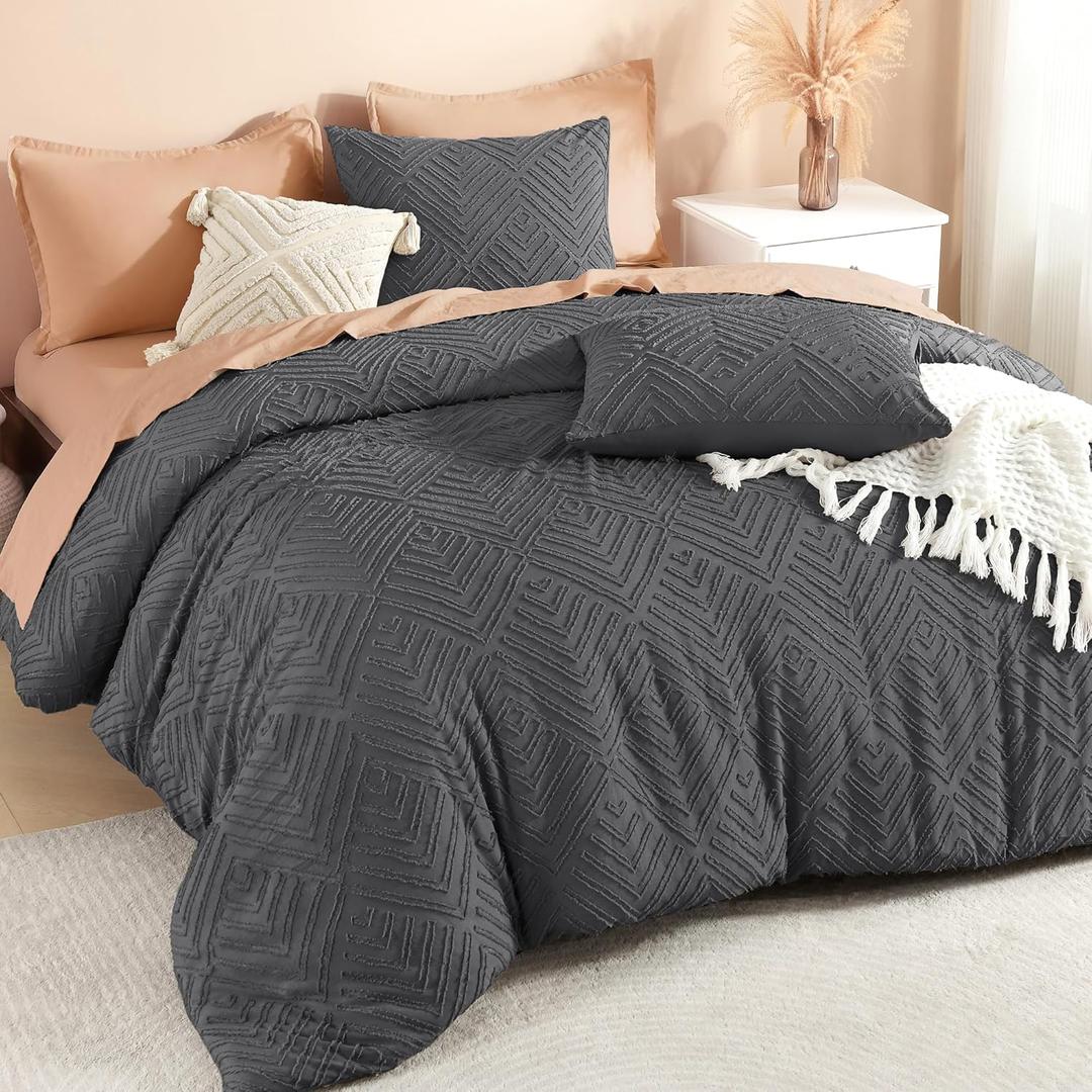 Litanika Dark Grey King Size Comforter Set, 3 Pieces Tufted Boho Farmhouse Bedding Comforter Sets, Lightweight Fluffy Comforter Bed Set for All Season (104x90In Comforter and 2 Pillowcases)