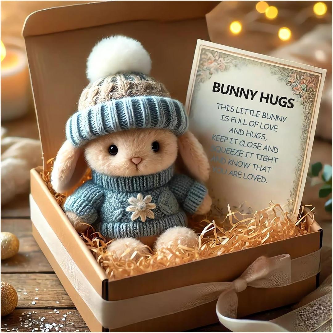Mini Bunny Hug Cute Easter Gift Plush 2025 Bunny in a Box Hugs Positive Bunny Stuffed Animal Rabbit Soft Floppy Easter Ideas Bunnies Basket Stuffers Doll Emotional Support Inspirational Gifts (C1)