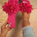 BEAUDRM Women's 3D Floral Flat Sandals Dressy Square Open Toe Sandals Single Band Casual Slip on Slides Hot Pink 9.5