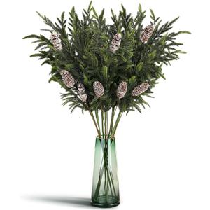 16 Pcs 36 Inch Christmas Artificial Norfolk Pine Branches with Pinecones Stems Christmas Greenery Faux Green Plants Stem Pine Picks for Xmas Vase DIY Garland Wreath Home Decor