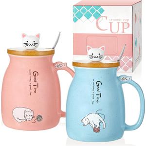 Cunhill 2 Pack Cute Cat Mugs - Cat Couple Mug Set with Lid, Ceramic Tea Cups with Lovely Kitty, Stainless Steel Spoon, 420 ml