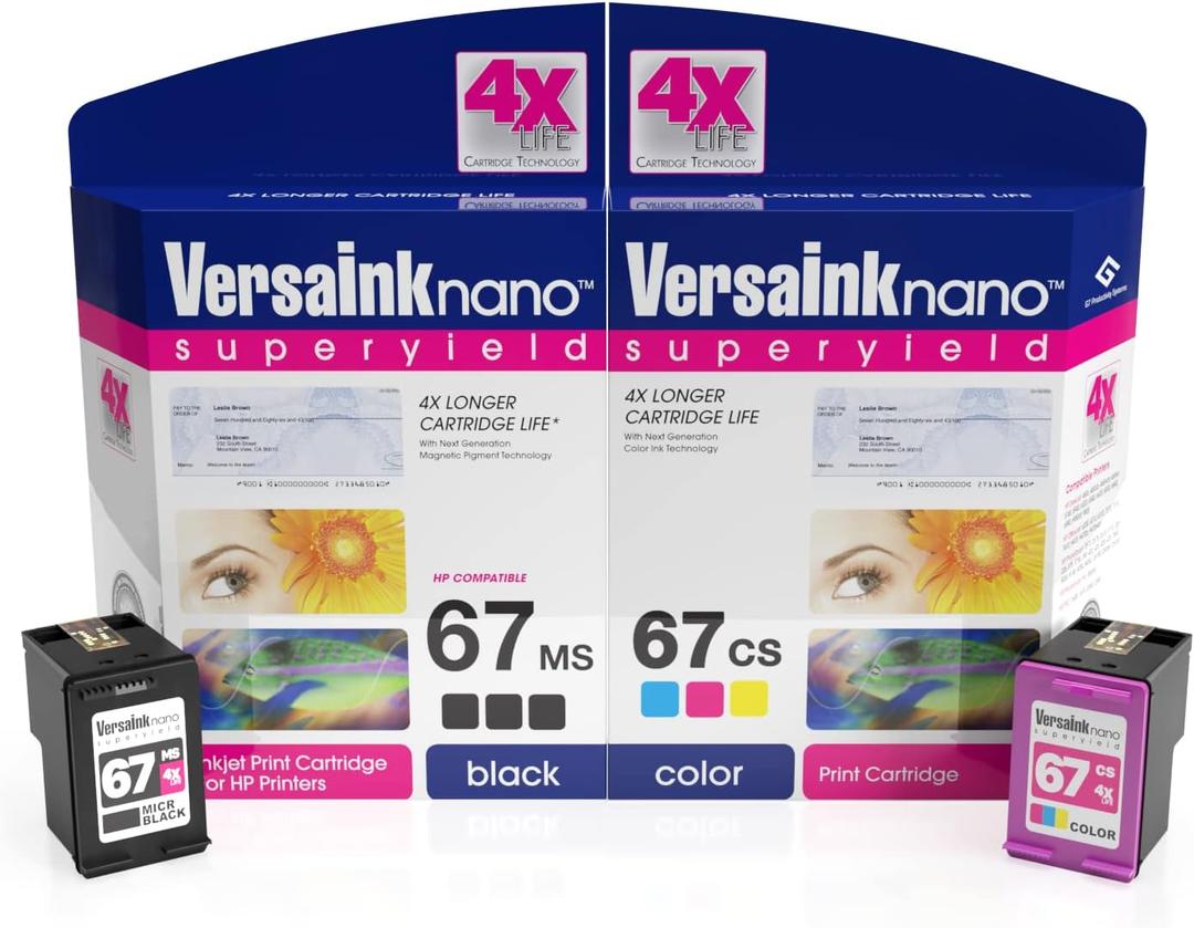 VersaInk-Nano HP 67 MS MICR Black Ink Cartridge for Check Printing Nano 67 CS Tri-Color Ink Cartridge Pack, Cyan
