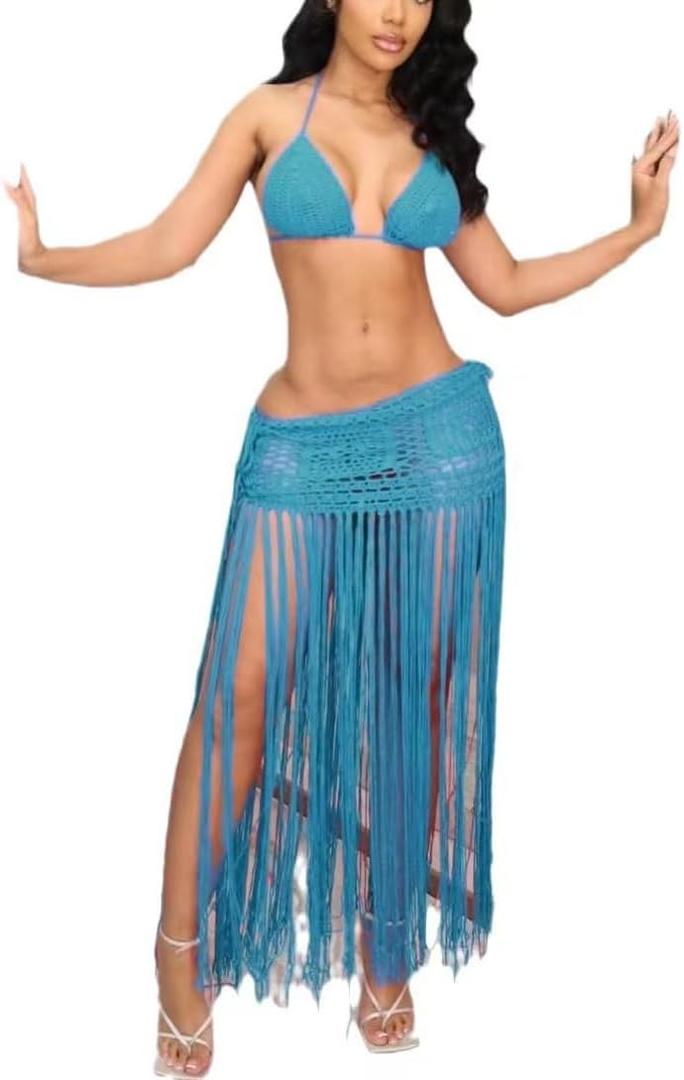 Women Sexy Plus Two Piece Skirt Set Tassel Fishing Net Knittin Hollow Out Off Bikini Shoulder Beach Dresses (Large, Blue)