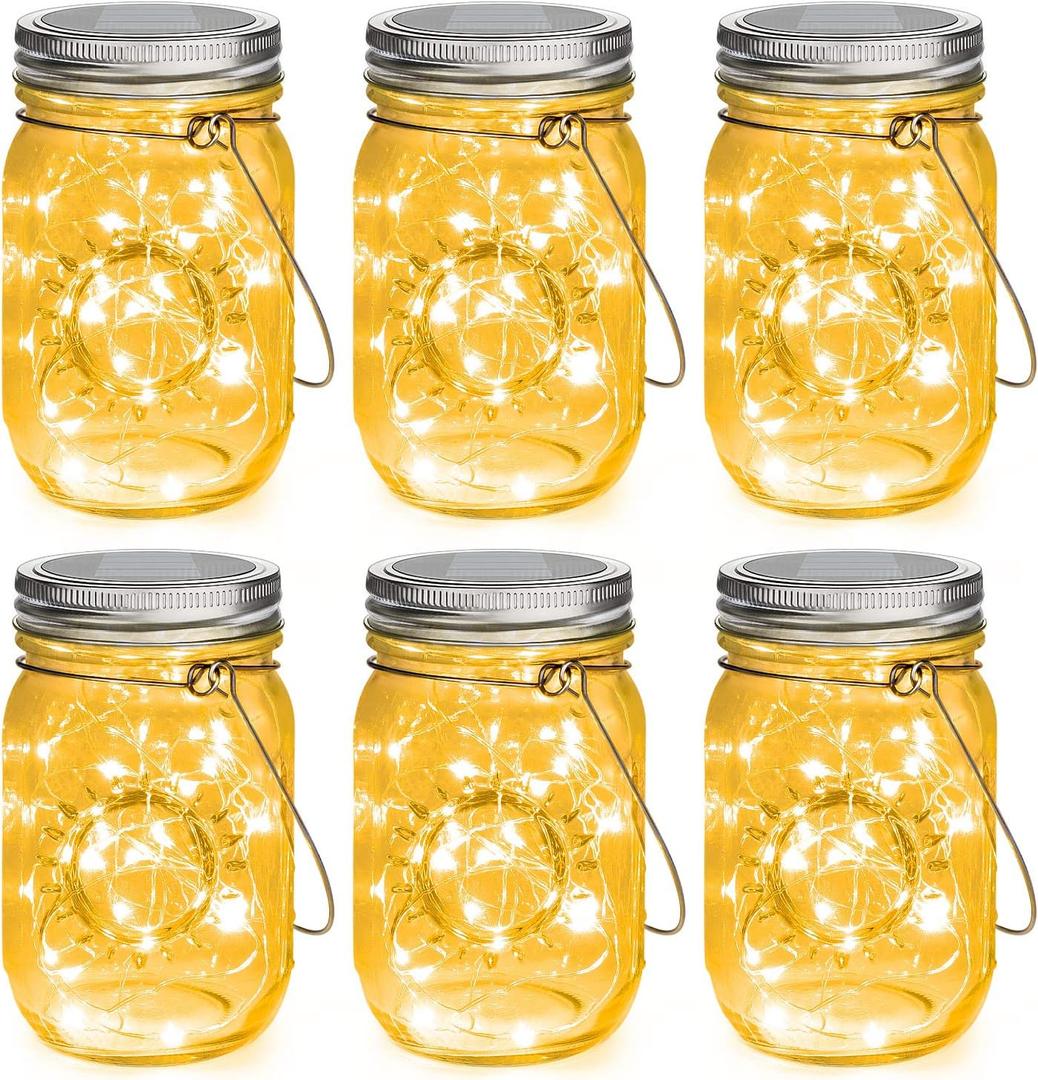 Mlambert Mason Jar Solar Lights -30 LED, 6 Pack Hanging Solar Lanterns Outdoor, Waterproof Fairy Lights for Patio Garden, Warm White