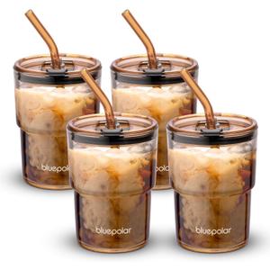 13oz/400ml Glass Water Tumbler with Straw and Lid Sealed Carry On Thick Wall Iced Coffee Cup Glass Cup for Water, Iced Tea Fruit Juice Etc (Amber-4Pack)