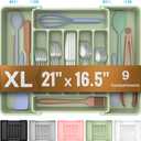 ukeetap Extra Large Expandable Silverware Organizer, BPA-Free Food-Safe Cutlery Flatware Organizer, Kitchen Utensil Drawer Organizer, Adjustable Silverware Holder for Spoons Forks Knives, Green