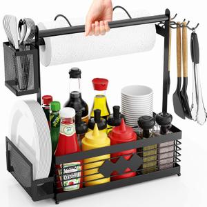Grill Caddy for Outdoor Grill, BBQ Caddy with Camping Paper Towel Holder and Plate Holder, Picnic Utensil Condiment Kitchen Organizer for Camper, RV Patio Tailgate Essentials, Grilling Gifts for Men