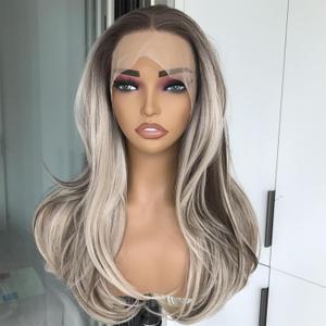 Highlight Blonde Lace Front Wig 13x4 Natural Straight Wave Synthetic Lace Wigs for Women Ash Platinum Blonde Balayage 150% Density Pre plucked Hairline Party Dairly Use Medium Length 20inches (Ash Blonde with Light Brown Lowlights)