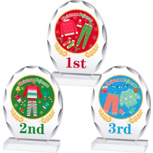 3 Pcs Christmas Contest Trophy Set 1ST 2ND 3RD Place Cookie Gingerbread Man House Pajamas Competition Kit Acrylic Awards Funny Xmas Party Trophies Tabletop Decor