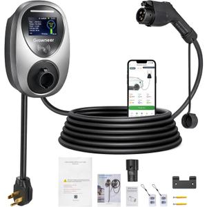 GROWNEER Level 2 EV Charger, 48Amp, J1772 Universal Fit for All Vehicles, 25ft Cable, WiFi (2.4GHz) Smart App, (IP66), UL & ETL Certified, NEMA 14-50 Plug-in 220-240V Extra Tesla Adapter Gift