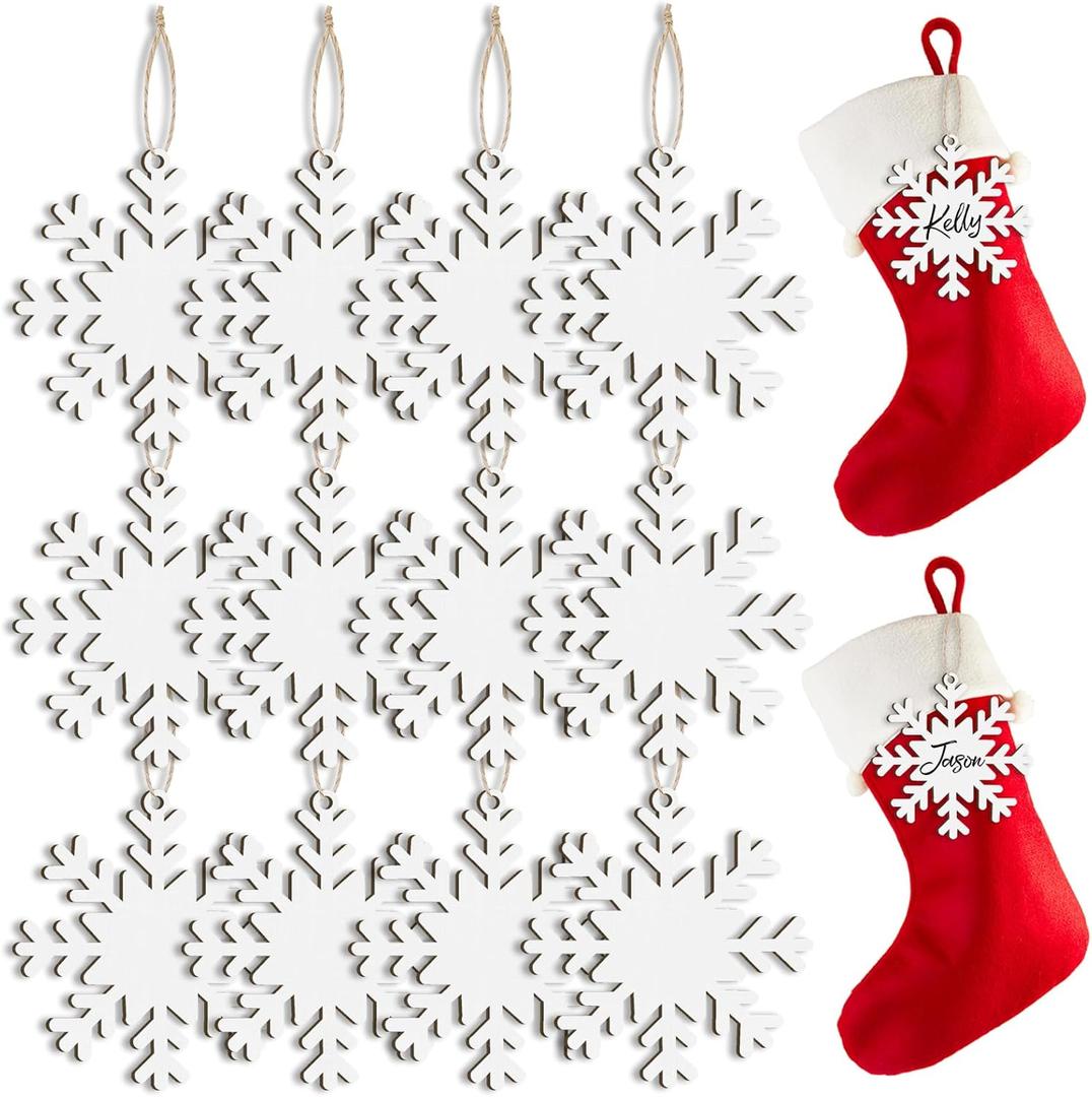 12 Pcs Name Tags for Christmas Stockings, Personalized Wooden Stocking Labels Gift Tags, Rustic Hanging Ornament Stocking Name Tags with White Snowflake Designs for Christmas Tree Decorations (Snow)