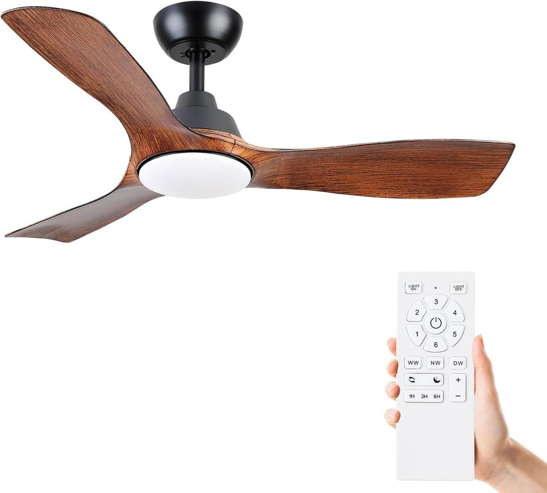 42 Inch Ceiling Fans with Lights and Remote Control,Brown Ceiling Fan with 3 Blades,Downrod,6 Speed Reversible DC Motor,3CCT Dimmable LED,Timers,for Indoor Living Room Bedroom Dining Room Kitchen