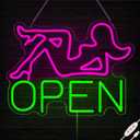 Open Neon Signs, 16.5"x12.5" Pink Lady LED Bar Neon Light Sign for Wall Decor, Bar, Restaurant Hotel, Shop, Club Decor Party Wall Art, USB Powered with Adjustable Brightness Switch,  Color: Green Pink OPEN