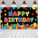 Panelee Building Block Birthday Banner Building Blocks Party Backdrop Decoration Happy Birthday Banner Photography Background for Party, 72.8 x 43.3 Inch(Black)