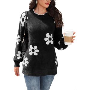 Women's Oversized Fuzzy Sweaters Long Sleeve Crew Neck Knit Soft Pullover Chunky Casual Fall Loose Jumper Top (Black, L)