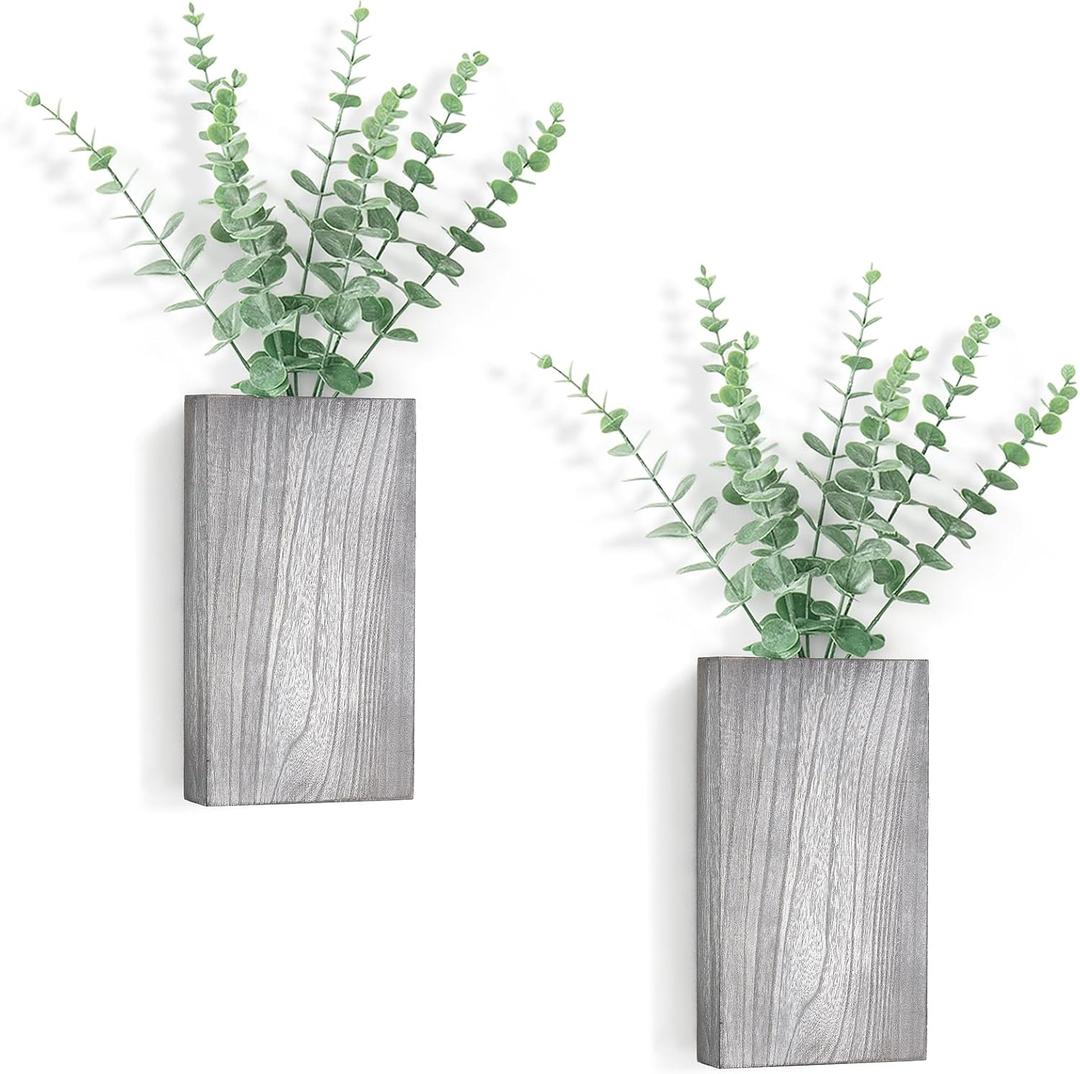 Dahey 2 PCS Wall Planter Vase with Fake Plants for Farmhouse Wall Art Decor | Lightweight Wood, Realistic Artificial Eucalyptus, Cute Hanging Decor for Bathroom Living Room Bedroom Entryway Office, Grey