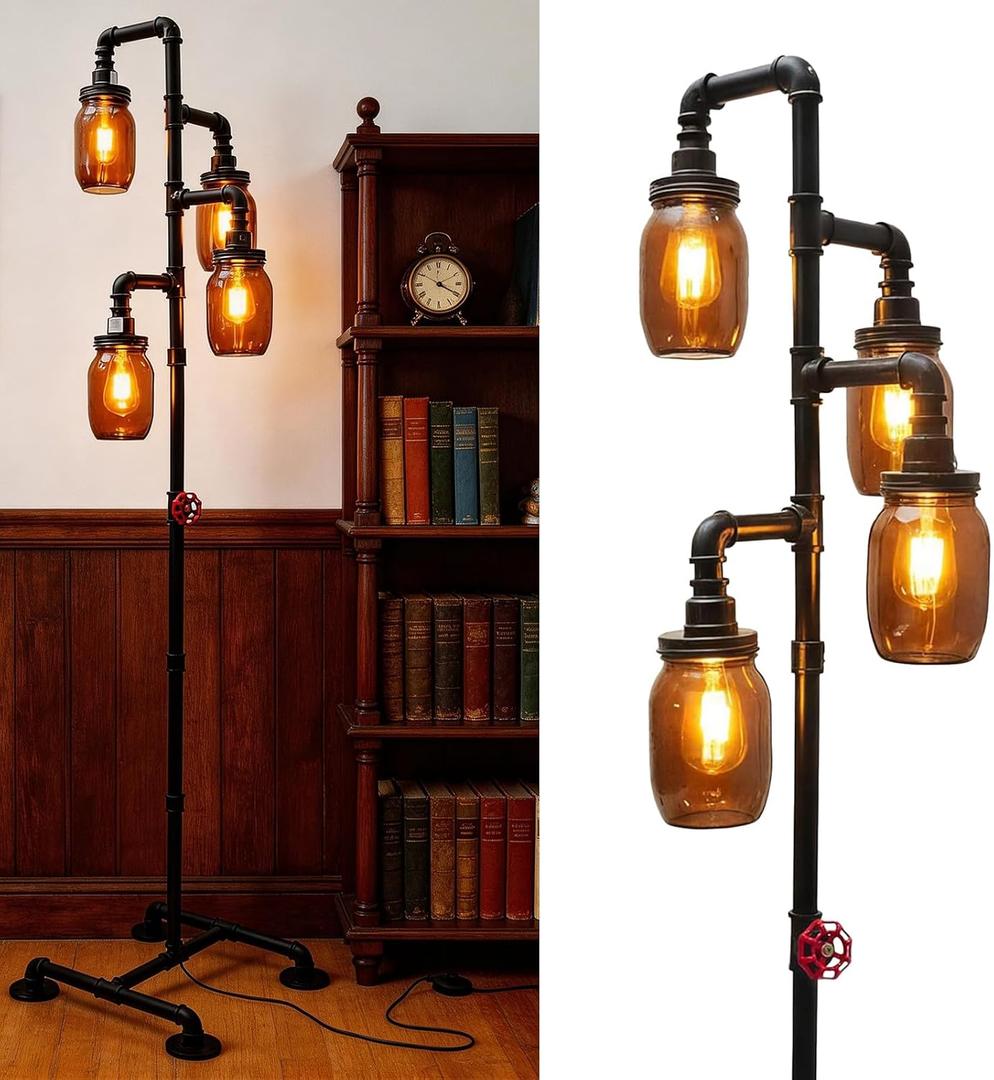 Steampunk Floor Lamp - Industrial Water Pipe Floor Lamp, Suitable for Living Room and Dining Room（Bulbs Not Included）