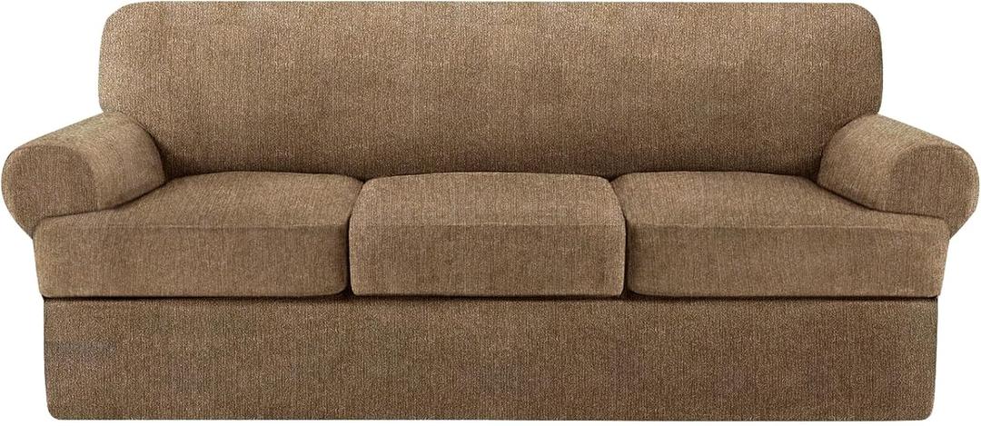 4 Piece T Cushion Sofa Slipcovers Stretch Couch Cover Furniture Covers with 3 Individual T Cushion Covers, Machine Washable for Living Room (Brown, 3 Cushions)
