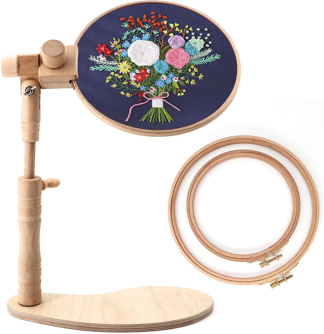 ZOCONE Beech Wood Adjustable Rotated Embroidery Hoop Stand with 2 Pcs 6'' 8'' Embroidery Hoops, Wooden Embroidery Stand, Embroidery Hoop Holder for Cross Stitch and Embroidery Project (A)