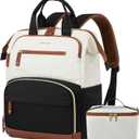 LOVEVOOK Lunch Backpack for Women, 15.6 Inch Laptop Bag with Insulated Cooler Lunch Box, Work Backpack for Teacher Nurse, Travel Backpack Lunch Bag for Camping Picnic Daily Use (Black-White-Brown)