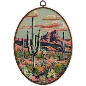 Gnmduw Western Landscape Oval Wall Art Framed, Farmhouse Western Cactus Desert Canvas Prints Hanging Decor, Retro Country Cactus Desert Wall Decor for Bathroom Bedroom Living Room, 8.7x11.3 Inch