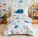 PERFEMET 4 Pcs Toddler Bedding Set Ocean Themed Toddler Comforter for Girl Soft Reversible Under Sea Animals White Toddler Bed in A Bag for Boys Girls(White, Whales)