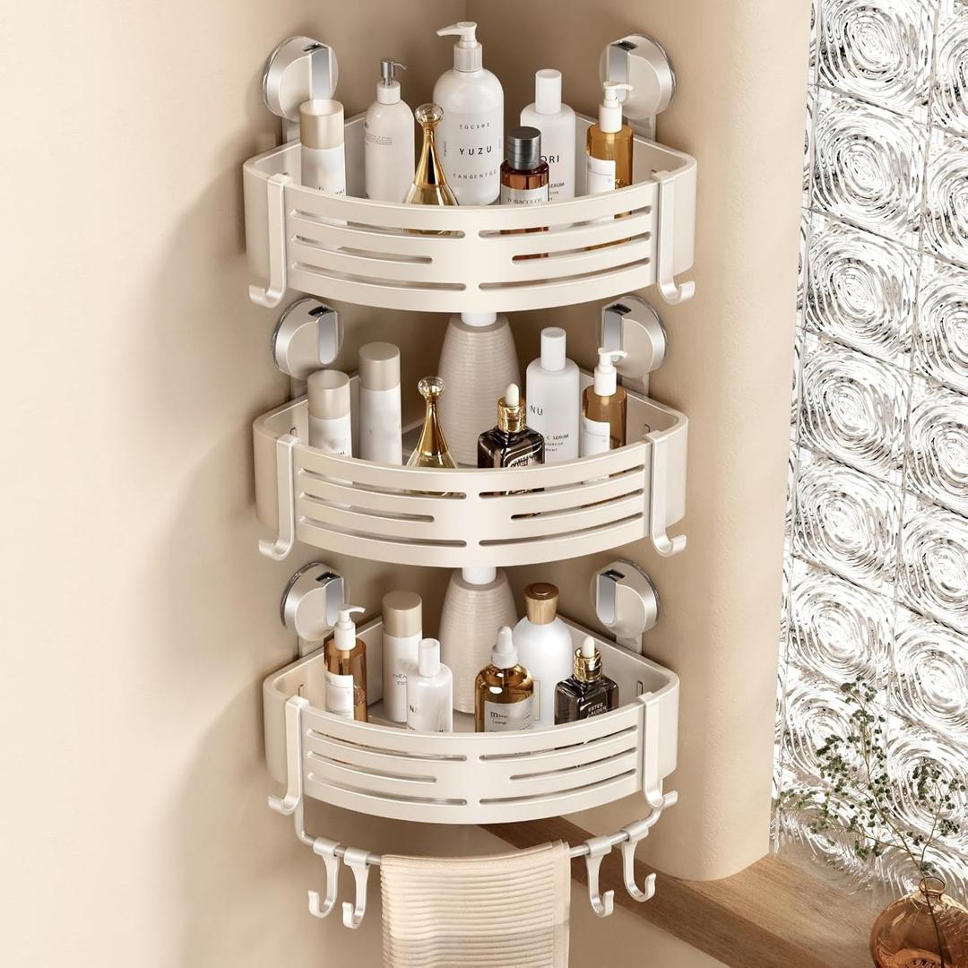 VOLPONE Corner Shower Caddy Suction Cup Shower Shelf Corner No Drilling Bathroom Shower Organizer Storage Rack Adhesive with Towel Bar (3-Pack, Ivory)