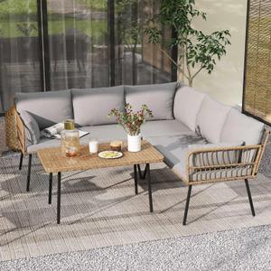DWVO 4-Piece Outdoor Sectional Sofa Set, All-Weather Wicker L-Shaped 5-Seater Patio Furniture with Removable Cushions & Side Table, Boho Conversation Set for Backyard, Porch, Deck (Grey) DWVO 4-Piece Outdoor Sectional Sofa Set, All-Weather Wicker L-Shaped 5-Seater Patio Furniture with Removable Cushions & Side Table, Boho Conversation Set for Backyard, Porch, Deck (Grey)