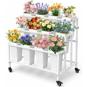 PROLEE Flower Display Stand with 12 Buckets, Flower Stand Metal with Wheels, Flower Cart 3 Layers, Flower Stand Metal with Wheels, Moving Florist Bouquet Shelf, Rectangular Rack, White