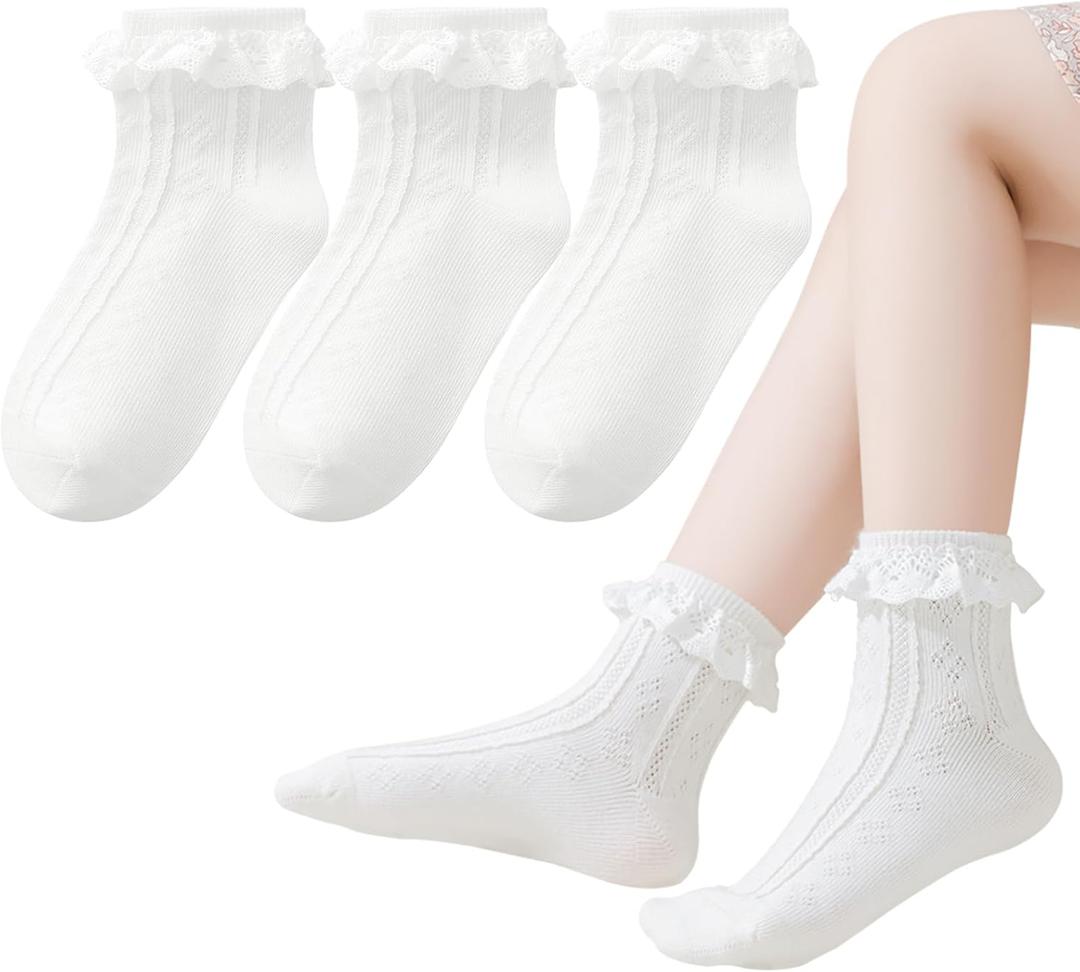 Baby Girl Socks Infant Toddler Ruffle Eyelet Lace Socks Girls Ruffle Sock Seamless Princess Frilly Sock for Kids (White)