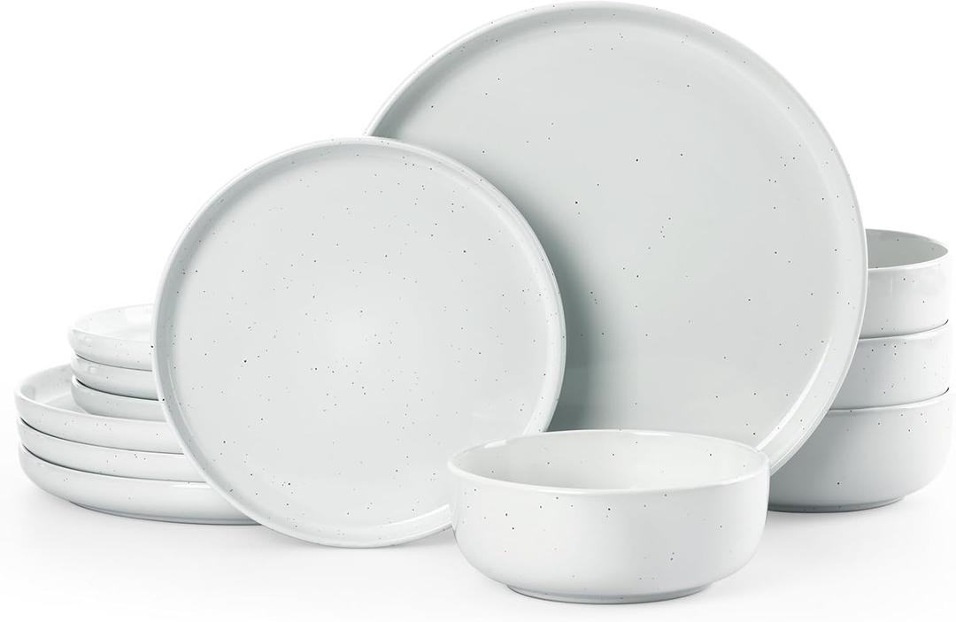 Famiware Dawn Plates and Bowls Sets, 12 Pieces Stoneware Dinnerware Sets, Dishes Set for 4, Microwave and Dishwasher Safe, White