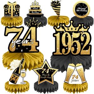 74th Birthday Decorations Set, 1952 Table Toppers for Women Men Birthday Party Supplies, Happy 74 Year Old Table Decoration for Grandpa Grandma, 9Pcs Black & Gold Honeycomb Centerpieces