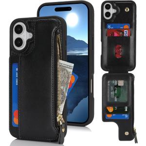 Cavor for iPhone 16 Case with Card Holder,for iPhone 16 Wallet Case for Women,Leather Zipper Pocket Shockproof Phone Cover-Black