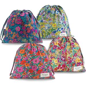 RoyYam 4-Pack Cotton Drawstring Gift Bags, 10.2" x 11" Floral Fabric Gift Pouches, Reusable Muslin Storage Sacks for Travel, Makeup, Jewelry & Wedding Favors, Baby Shower & Party Favors