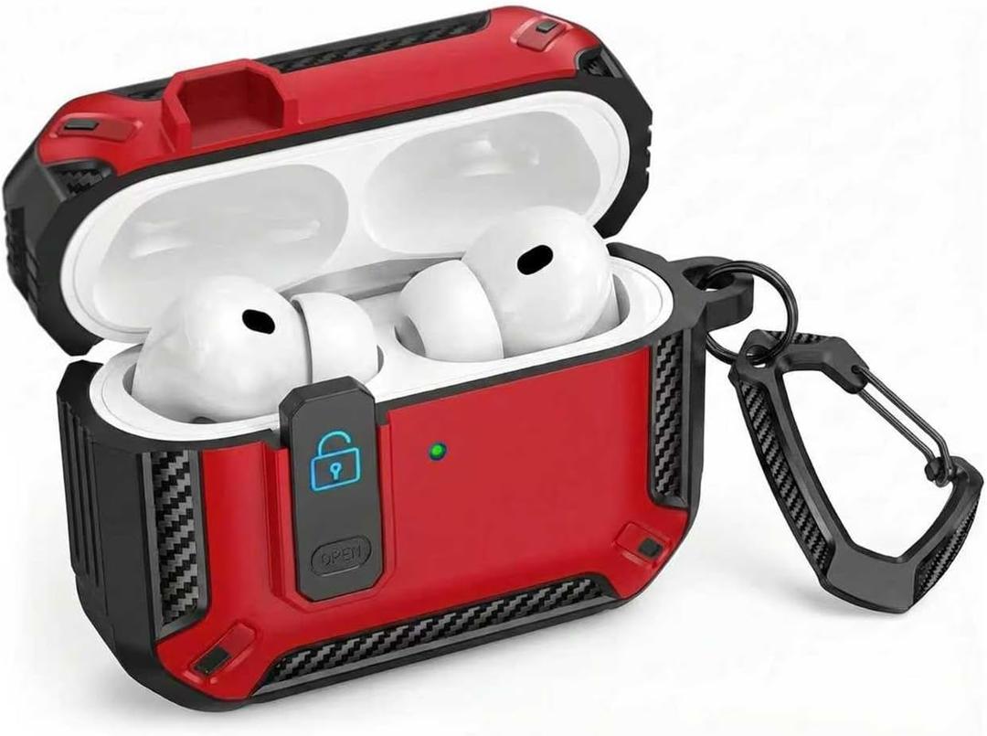 Protective Case for AirPods Pro 3, Secure Lock Cover with Carabiner, Shockproof Full-Body Case Compatible with AirPods Pro 3rd Generation, Black Red