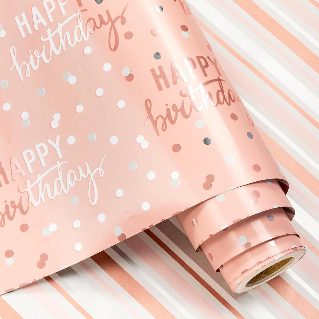 LeZakaa Reversible Pink Birthday Wrapping Paper Roll for Girls Women, Happy Birthday Lettering & Stripe Pattern with Metallic Foil in Pink, Large Roll, 30 inches x 32.8 Feet (92.9 sq.ft.)