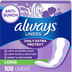 Always Panty Liners for Women Anti-Bunch Xtra Protection Daily Liners, Long, Unscented, 108 Count