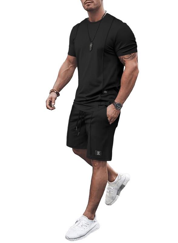 JMIERR Mens 2 Piece Outfits Casual T Shirts Short Sets Summer Tracksuits and Athletic Matching Set with Pockets, Navy Blue, L