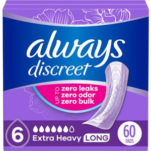 Always Discreet Adult Incontinence Pads for Women, Drier vs Poise, 6 Drop Long Length, Extra Heavy Absorbency, Pads for Bladder Control Management, Bladder Leaks, & Postpartum Pads, 60ct