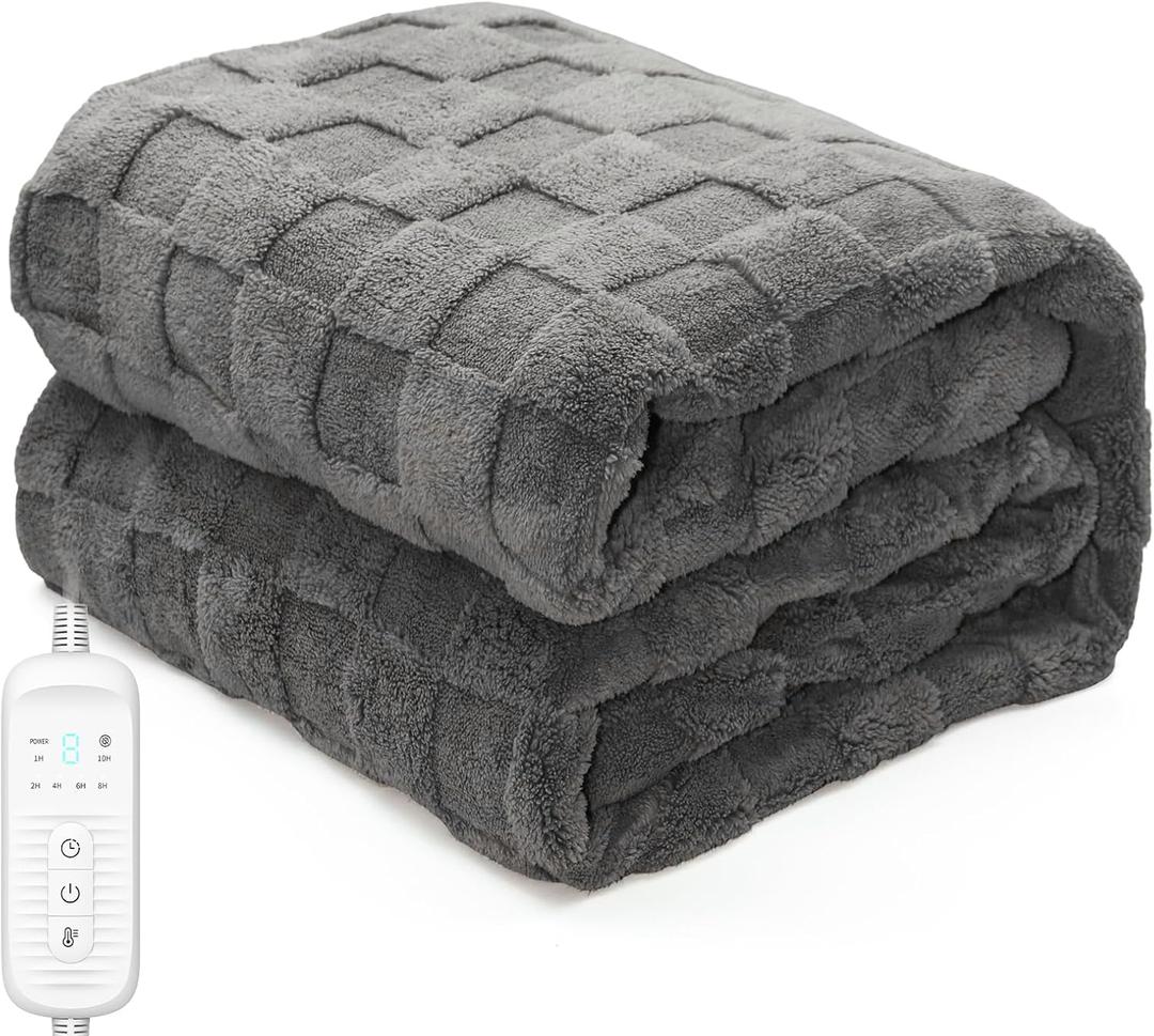 Electric Heated Blanket Throw - 50"x60" Heating Blanket Throw House Warming Gifts New Home, Ultra Soft Warm Flannel Sherpa Fast Heat,8 Heat Level 10 Hours Auto-Off ETL Certified (Grey)