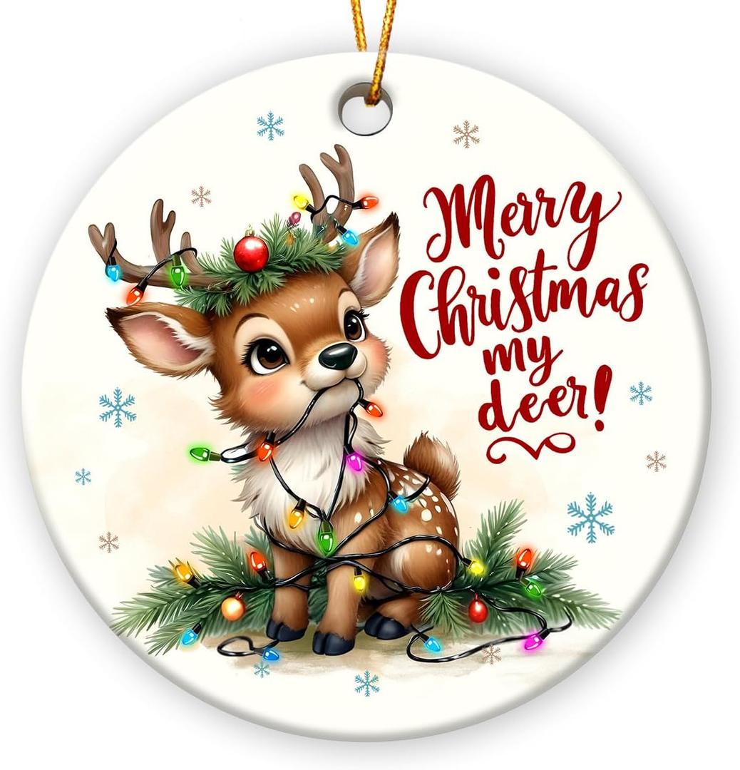 3 x Funny Reindeer Ornaments 2025, Wild Animal Lovers Gifts for Women, Cute Deer Gifts for Friends, Neighbors, Family, Ceramic Ornament for Nature Christmas Decorations