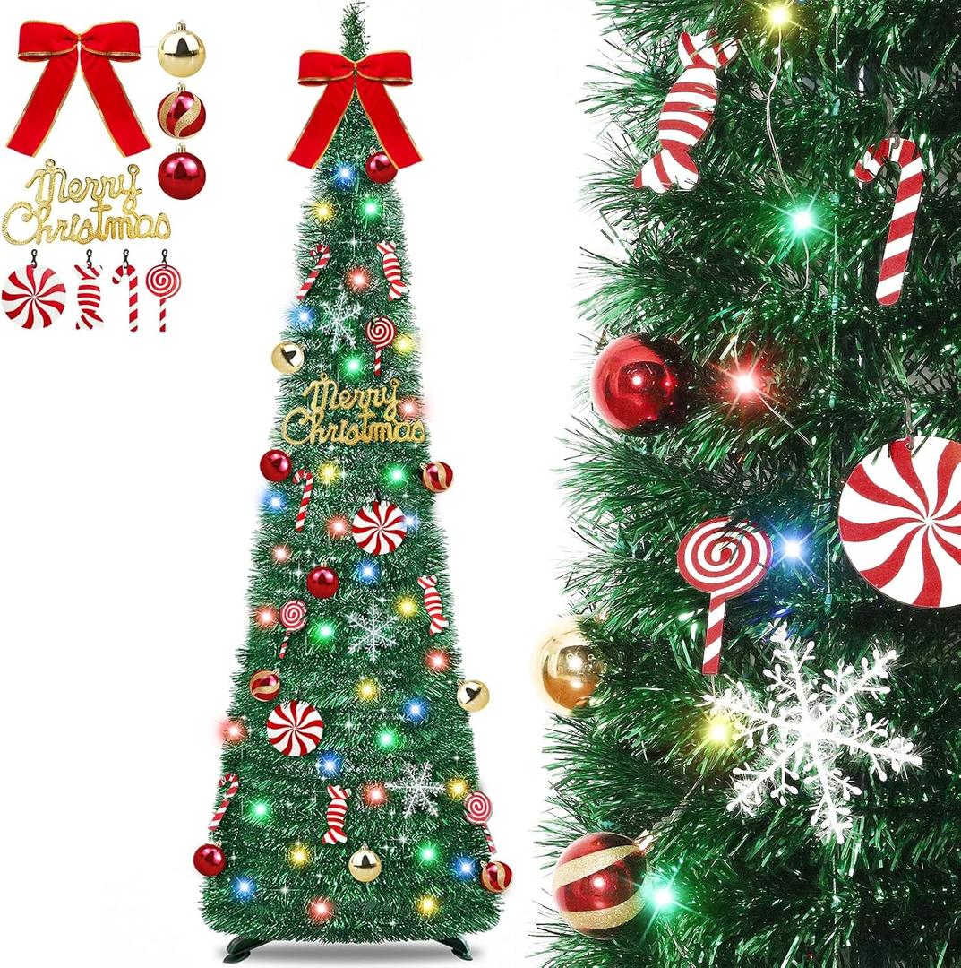 [ Timer ] 6 Ft Pop Up Christmas Tinsel Tree, Green Collapsible Christmas Tree with 50 Colorful Light 16 Candy 10 Ball 4 Snowflake Merry Christmas Bow DIY Ornaments Battery Operated Xmas Decor Indoor