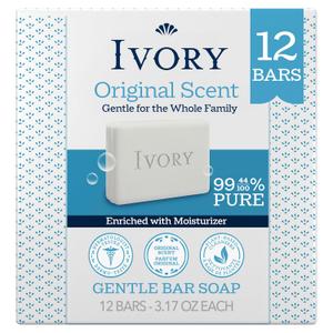 Ivory Gentle Bar Soap, Designed for Whole Family, 99.44% Pure Formula, Plant-Based Cleanser, Made Without Heavy Perfumes, Parabens & Phthalates, for All Skin Types, Original Scent, 3.17 oz (12 Count)
