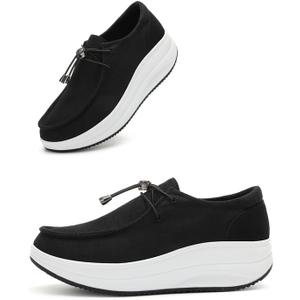 Oude Womens Orthopedic Platform Loafers  2 Inch Rocker Sole Boat Shoes with Arch Support, Comfortable Slip-Ons for Walking, Work, Nurses, Standing All Day (6, Black/White)