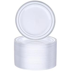 BESTVIP 100PCS 7 Inch Silver Plastic Dessert Plates, Disposable Plate with Silver Rim for Salad/Samll Cakes, Heavy Duty Plates for Party, Wedding and Birthday, Events