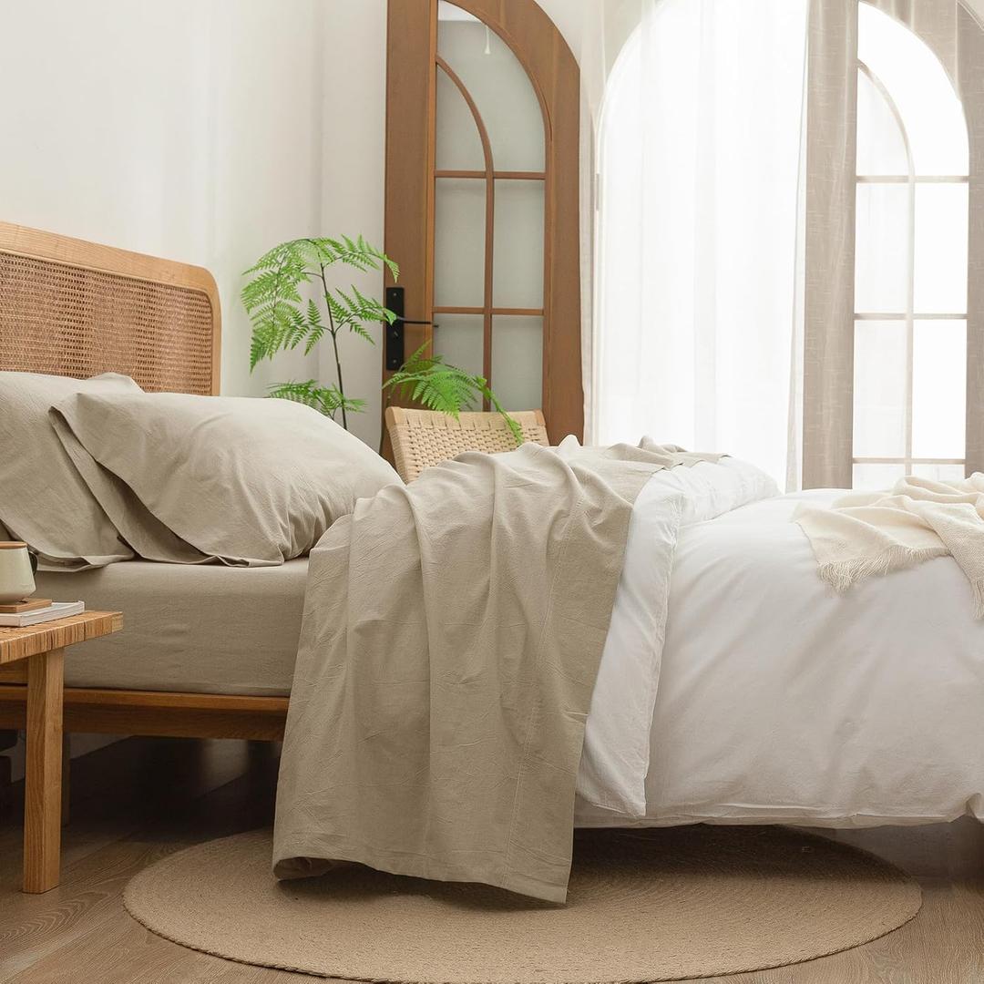 BESTOUCH Sheet Set 100% Washed Cotton Linen Feel Super Soft Comfortable Chic Lightweight 4 Pcs Home Bedding Set Solid Almond Milk Grey Queen